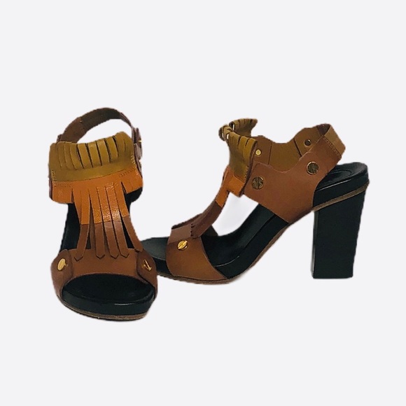 Chloe Kiltie Block Heel Sandals in brown tan orang - Picture 7 of 8